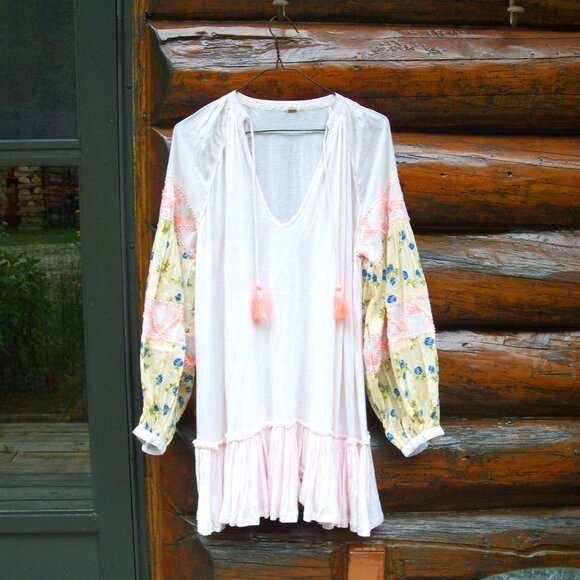 Free People Mix it Up Boho Contrast Tunic Dress Top Pink Combo SZ S - Picture 1 of 3